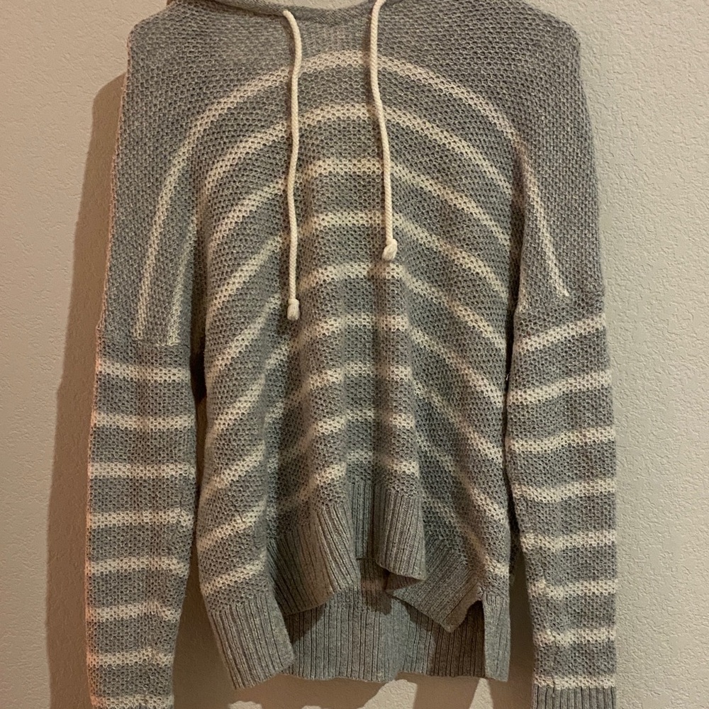 Striped Cowl Neck Sweater in Gray and Cream
